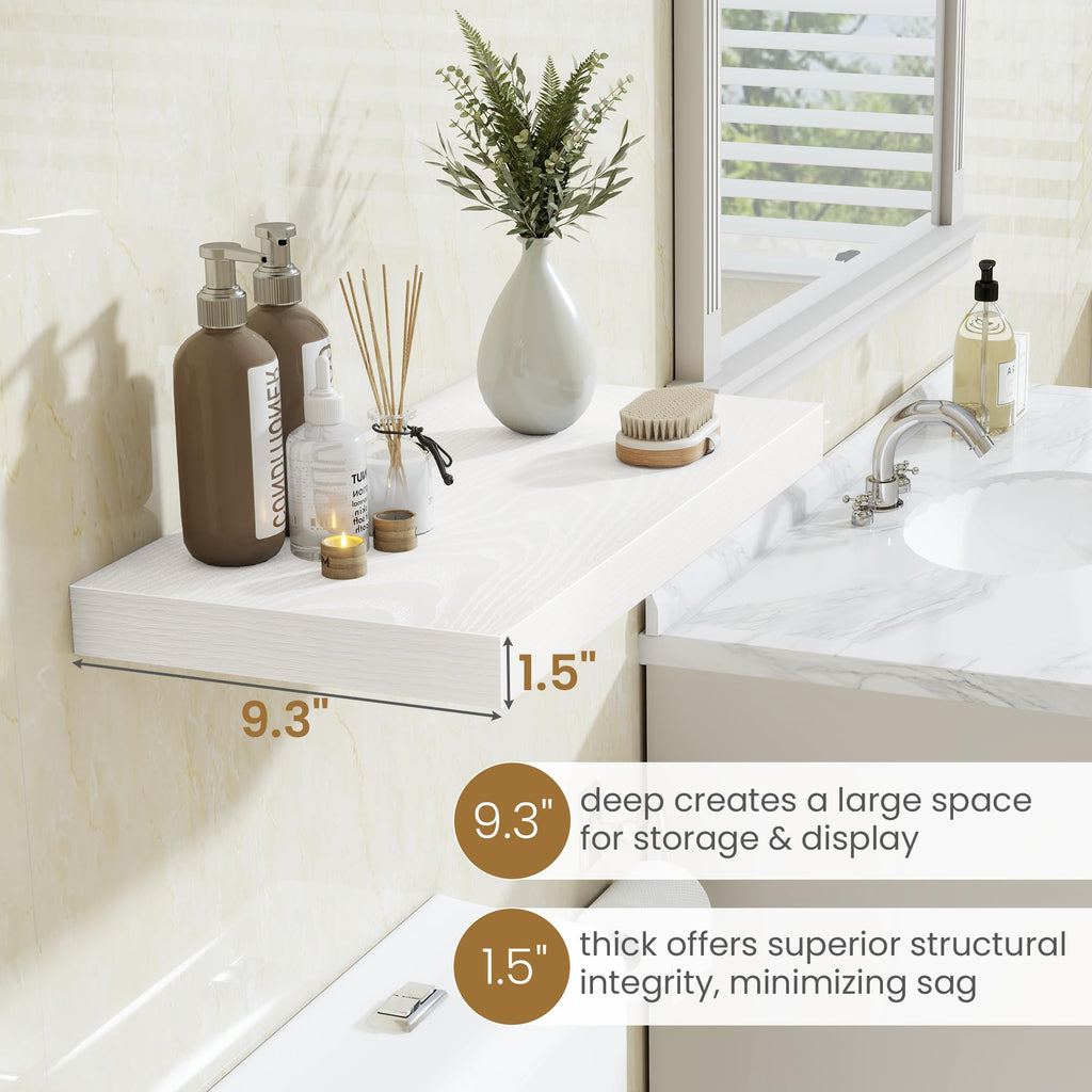 48 Inch Floating Shelves in White, 9.3 Inch Deep Wall Shelves, Deep Long Shelf Wall Mounted 1 Pack Shelf for Books