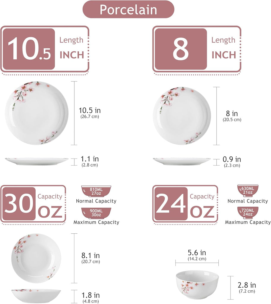 Dinnerware Sets for 6, 24 Pieces Porcelain Plates and Bowls Set with Pink Floral