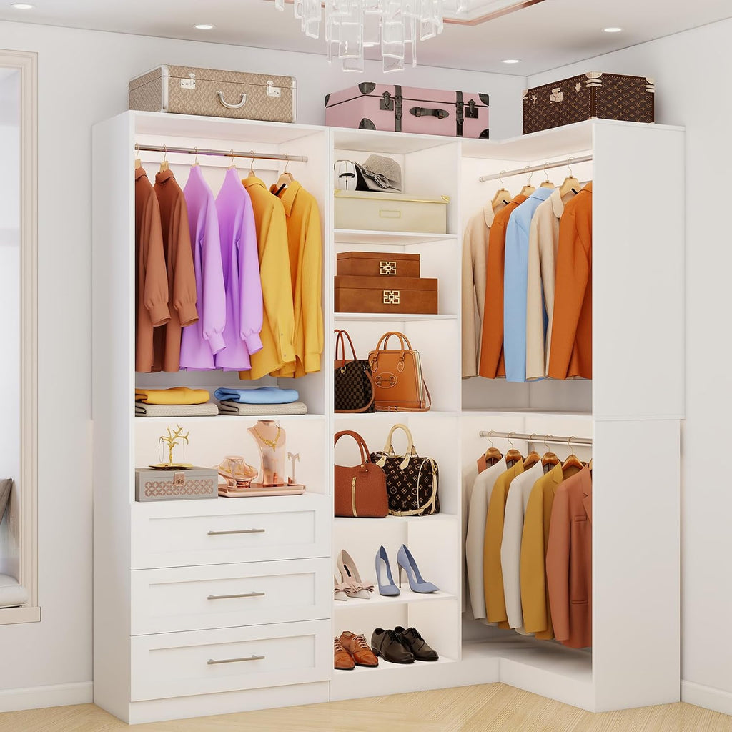 Closet System with 3 Drawers, Corner Closet Organizer Systems with 7 Shelves & 5 Hanging Rods L-Shaped Walk in Closet
