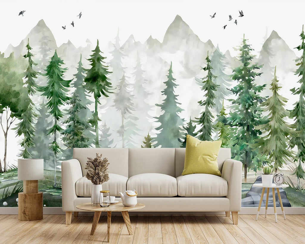Green Cartoon Pine Forest Nursery Fabric Wallpaper for Boys and Girls Children's Bedroom Living Room Woodland Plants
