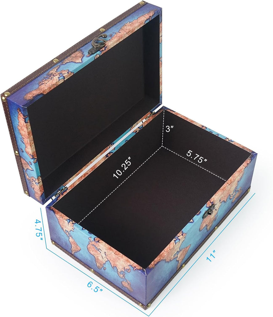 Small Wooden Organizer Storage Box, 11''L Decorative Blue Map