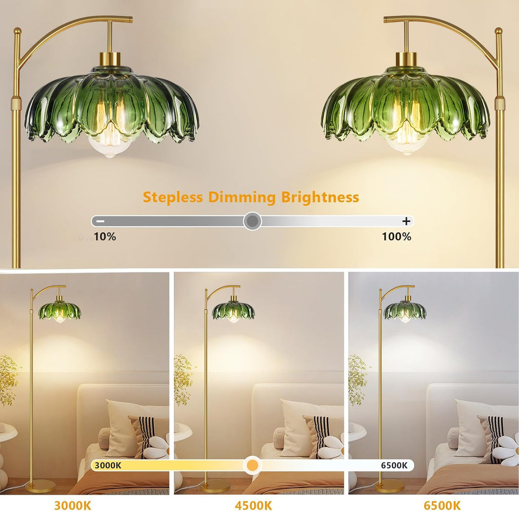 Gold Floor Lamps, Glass Floor Lamp with Remote Control & Green Lampshade, Arc Flower Lamp Dimmable Mid Century Modern