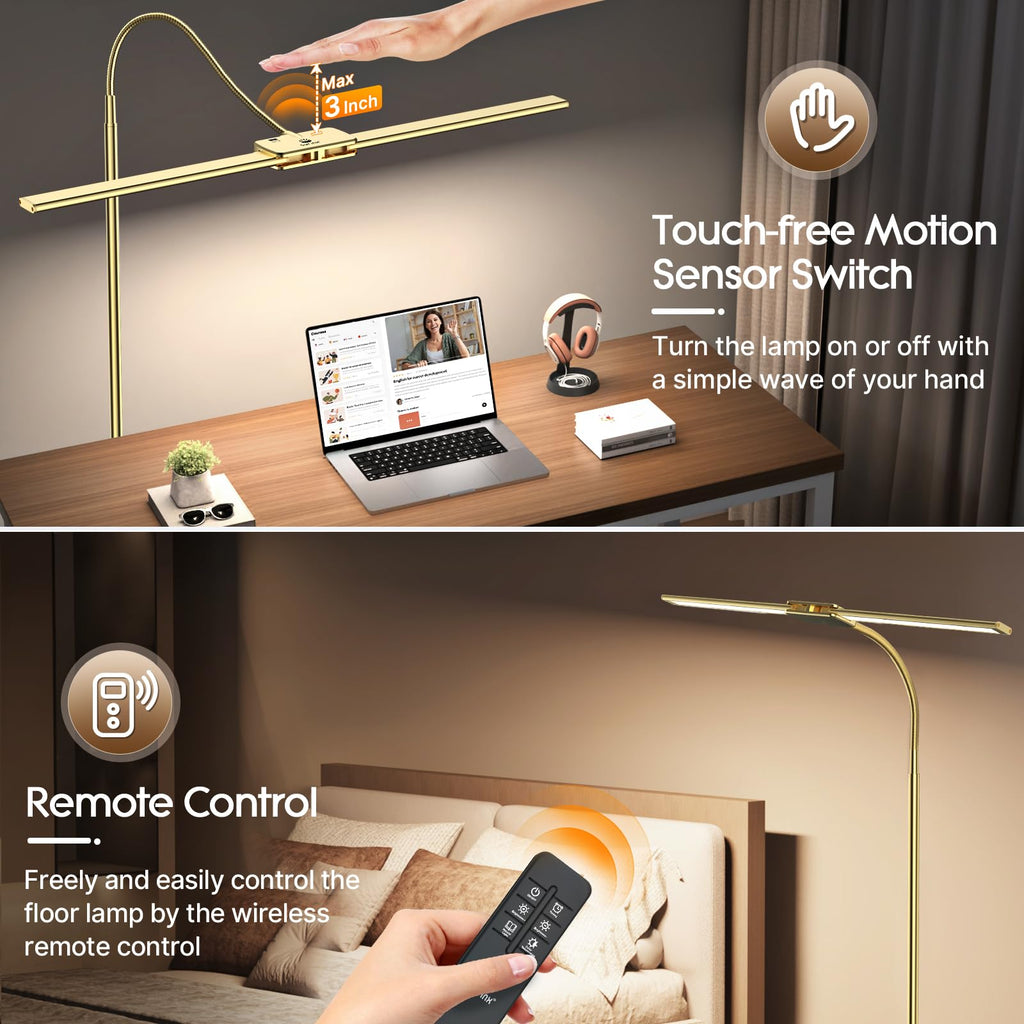 LED Floor Lamp, 18W Bright Reading Floor Lamp, Gesture & Remote Control, Dual Head Gooseneck Standing Lamp