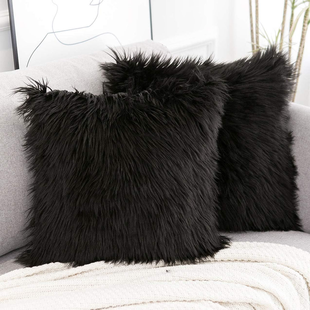 Black Faux Fur Throw Pillow Covers 18x18 Inch Set of 2, Luxury Fluffy Shaggy Plush Cushion Cases, Soft Fuzzy Pillow