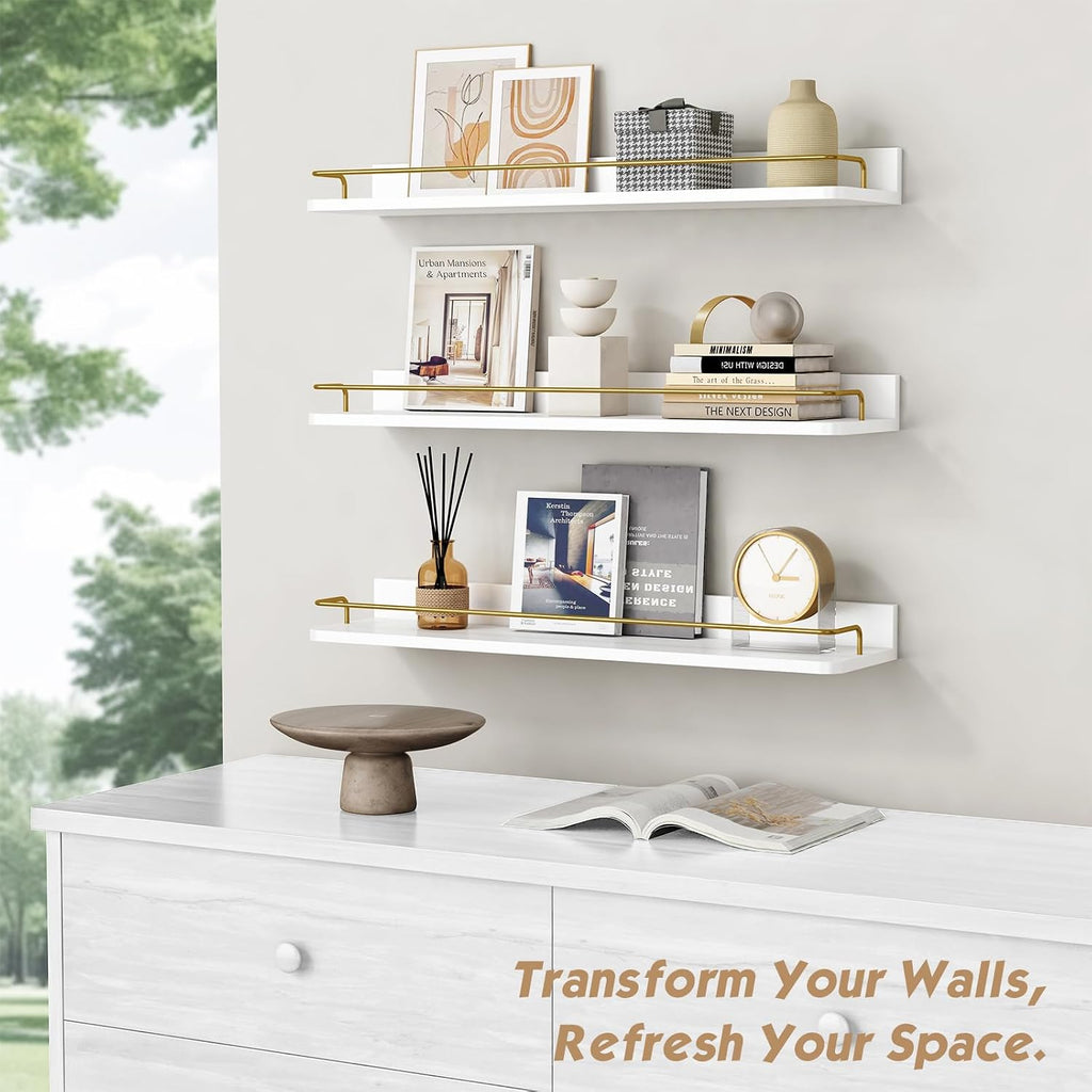 24 Inch Bathroom Floating Shelves for Wall Set of 3, Gold Bathroom Shelves Over Toilet Wall Mounted with Rail