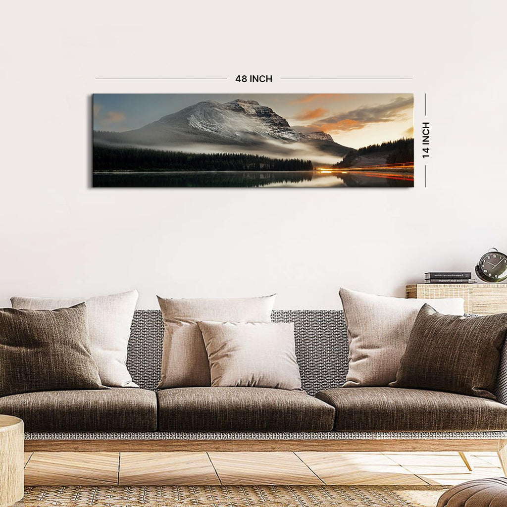 Sunset Mountain Landscape Canvas Wall Art Wall Decor 14x48" Black and White Nature Forest River Scenery Picture