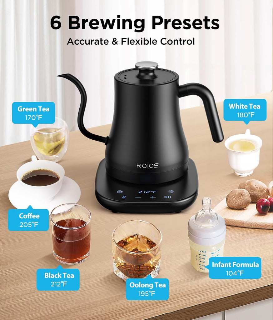 Gooseneck Electric Kettle, ±1°F Temp Control, Mute Mode, 4H Keep Warm | 0.8L Pour Over Kettle, 1200W Fast Heating