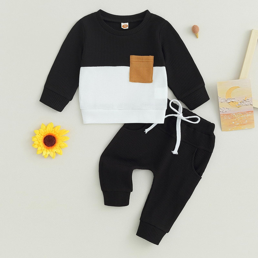 Toddler Baby Boy Fall Clothes Waffle Contrast Color Sweatshirt Pants Sets Infant Winter Outfits 6 12 18