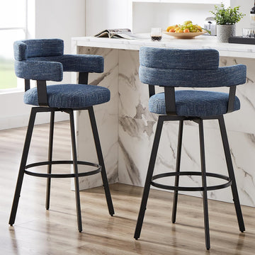 30 Inch Bar Stools Set of 2 with Full Back, Swivel Bar Chairs with Linen Padded Back, Metal Footrest, Modern Bar