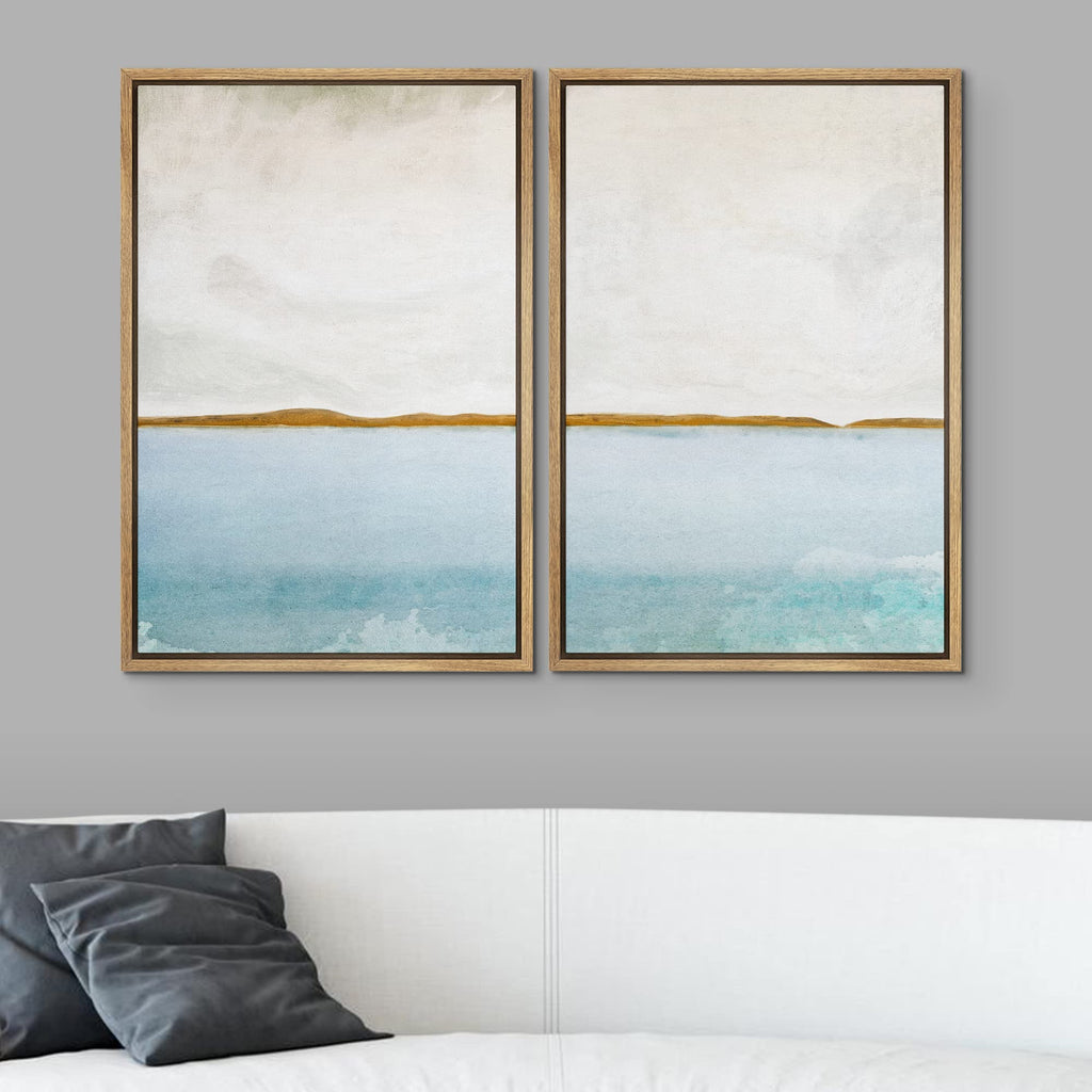 Framed Canvas Print Wall Art Set Gold Blue Ocean Sea Beach Landscape Nature Wilderness Illustrations Modern Art
