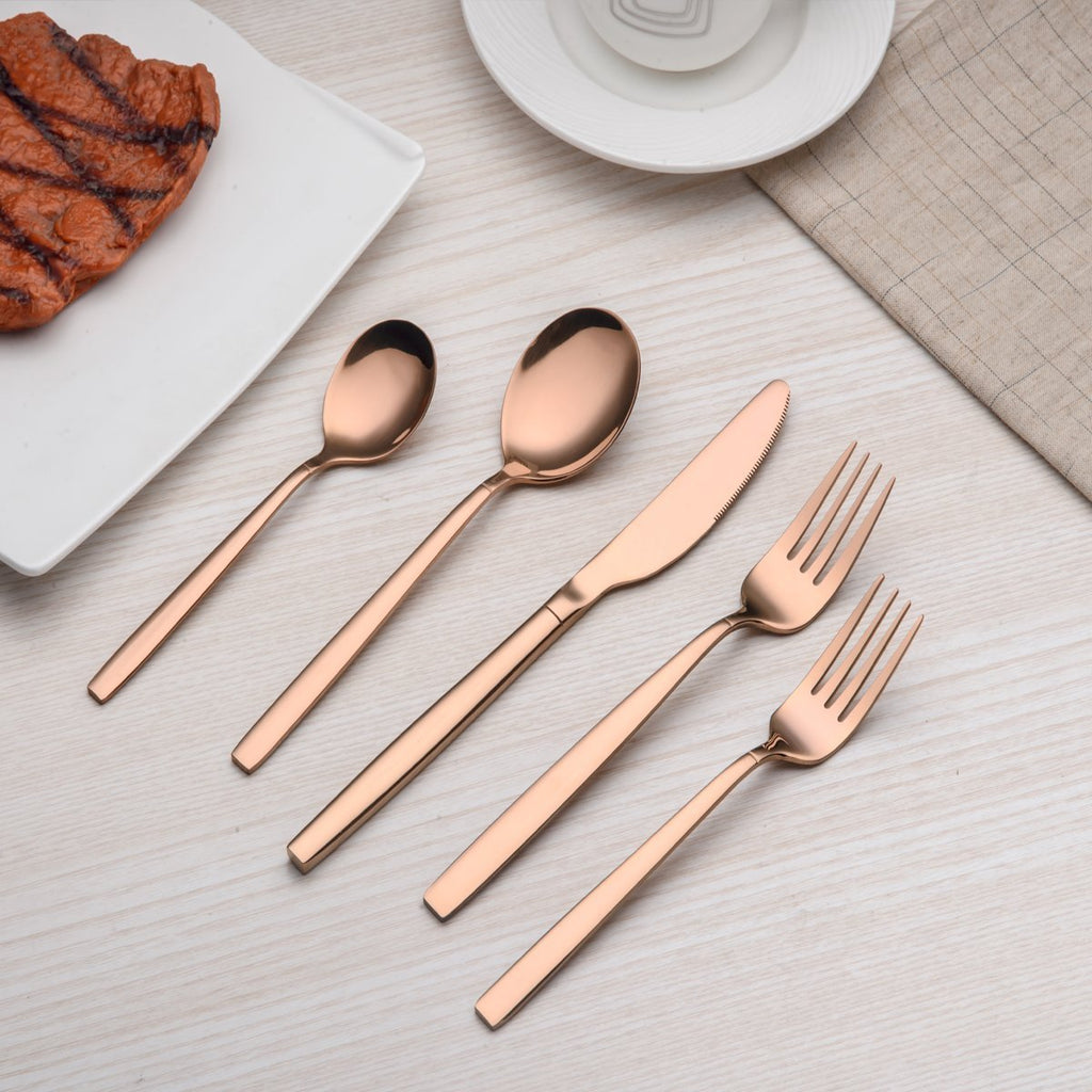 20 Piece Titanium Rose Gold Plated Stainless Steel Flatware Set, 20 Pieces Silverware Set, Copper Color Cutlery Sets