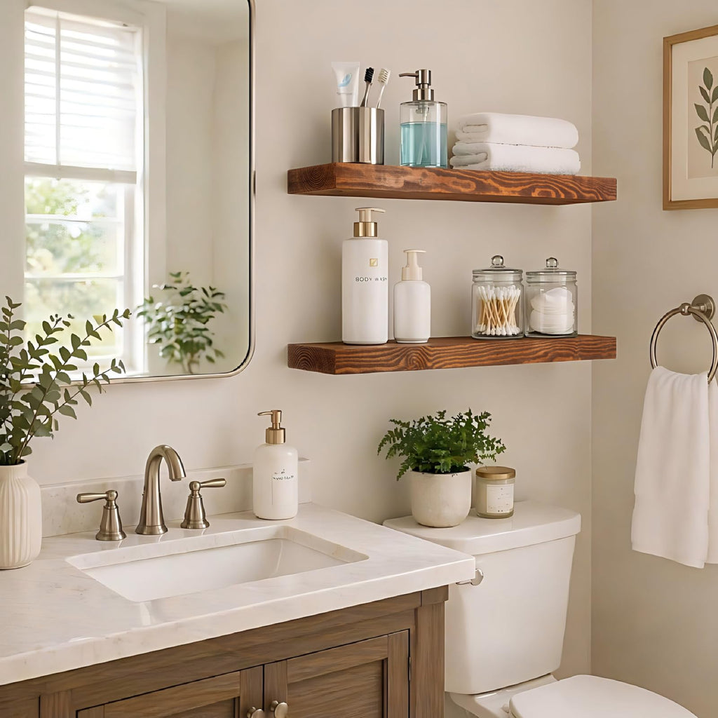 Floating Shelves 2 inch Thick for Wall Set of 2, 24 inch High-End Solid Wood, Rustic Floating Shelves Bedroom Kitchen