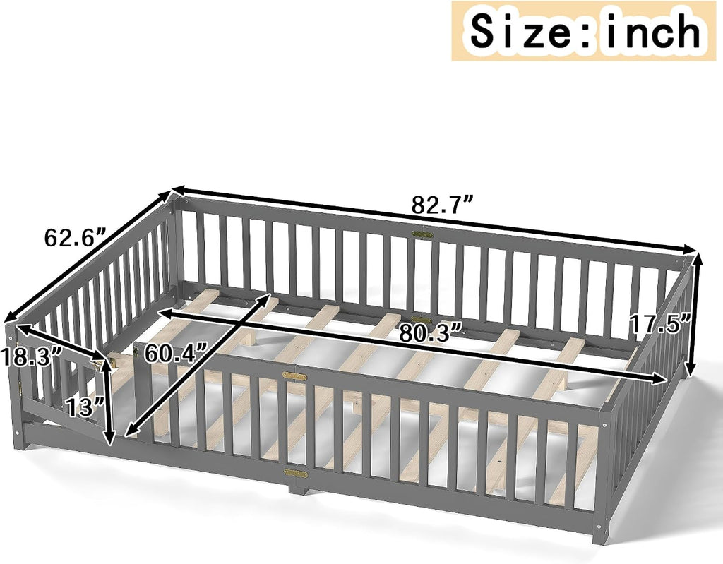 Queen Size Montessori Bed with High Fence and Guardrail, Solid Wood Floor Bed Frame for Kids Boys Girls, Gray