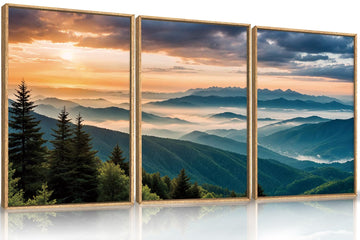 Large Nature Mountain Sunrise Framed Canvas Wall Art, Abstract Landscape Art Print - 16"x24"x3