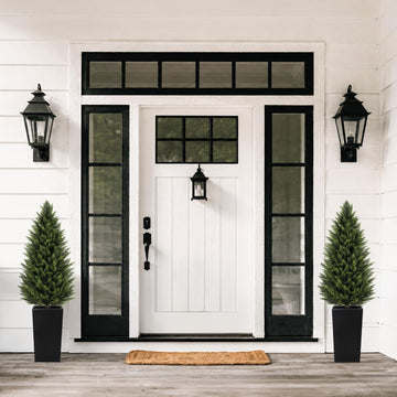 4FT Artificial Cedar Topiary Trees 2 Pack, Faux Cypress Plants with Black Square Planters, UV Resistant Outdoor
