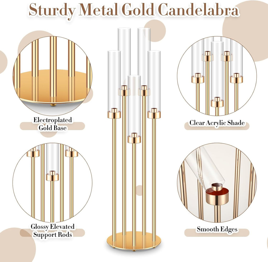 4 Pcs Acrylic Candelabra Centerpieces 35" Tall Clear Candle Holders Pillar Taper Candlestick with Lampshades 5 Arm