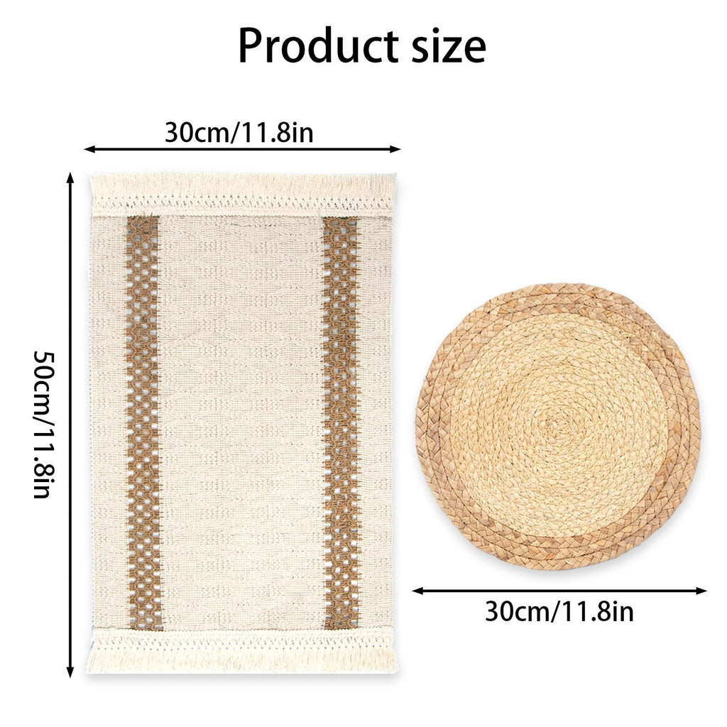 Openwork Placemats with Tassels for Dining Table Decor, Cotton-Linen Blend Rectangle Farmhouse Rustic Style Woven
