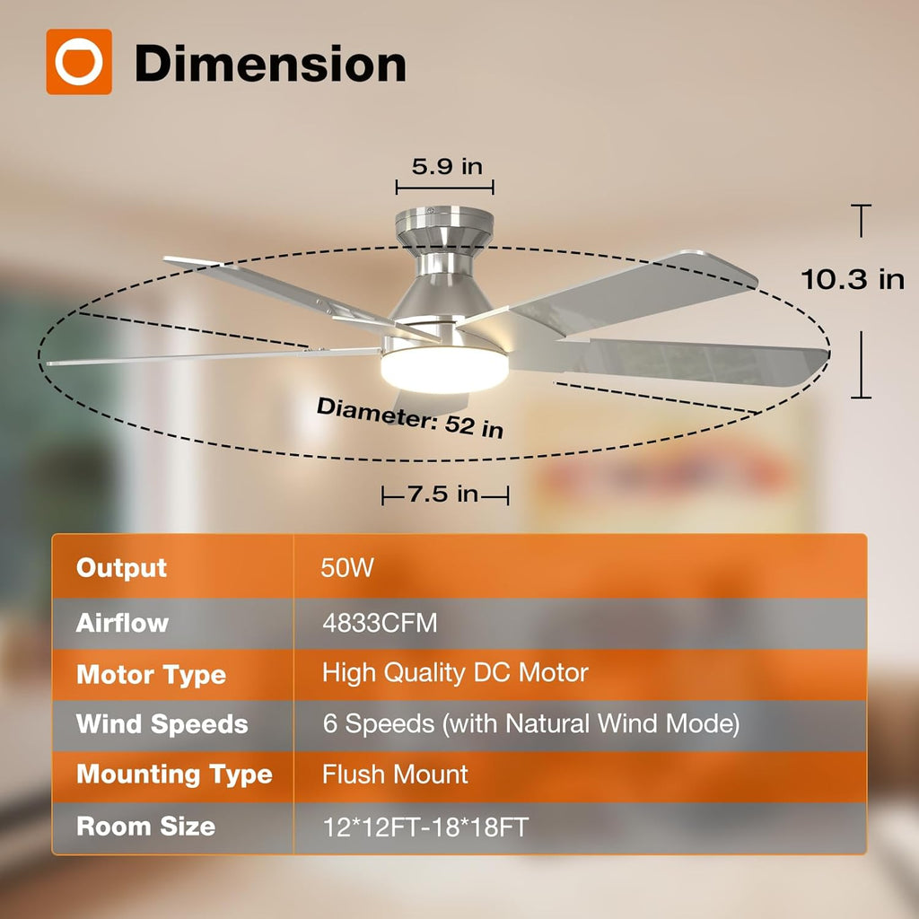 Ceiling Fans with Lights, 52 inch Low Profile Ceiling Fan with Light and Remote Control, Flush Mount, Reversible, 3CCT, Dimmable, Noiseless, Nickel Ceiling Fan for Bedroom, Indoor/Outdoor Use A103-B0CLNKVRZW
