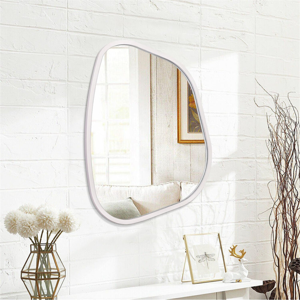 Irregular Oval Wall Mirror Large White 20"x16" Inches Asymmetrical Mirror Modern Wood Frame Unique Shape Wall Mounted