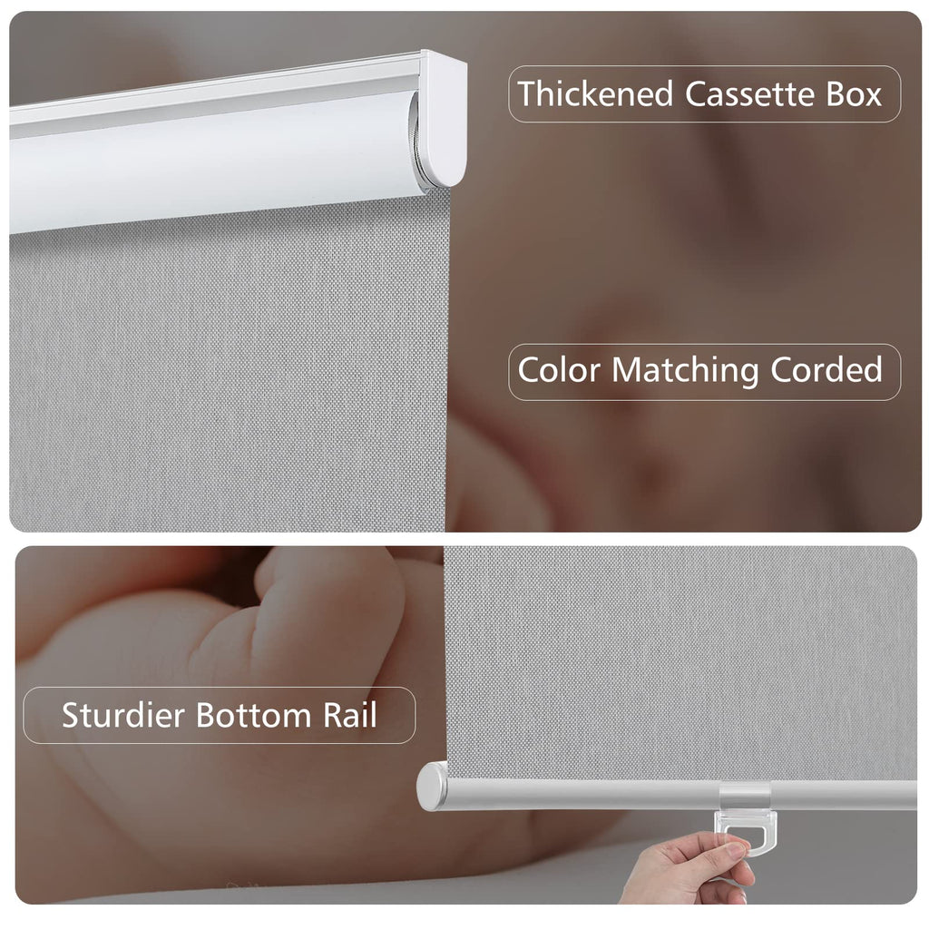 Custom Size 100% Blackout Roller Shades with Textured Pattern Cordless Window Blinds UV Protection Thermal Insulated