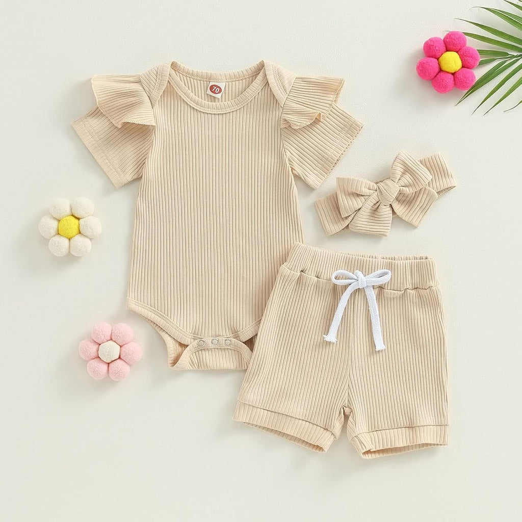 Baby Girls 3 Piece Ribbed Romper Sets Summer Toddler Ruffled Short Sleeve Onesie Elastic Waist Shorts and Bow Headband