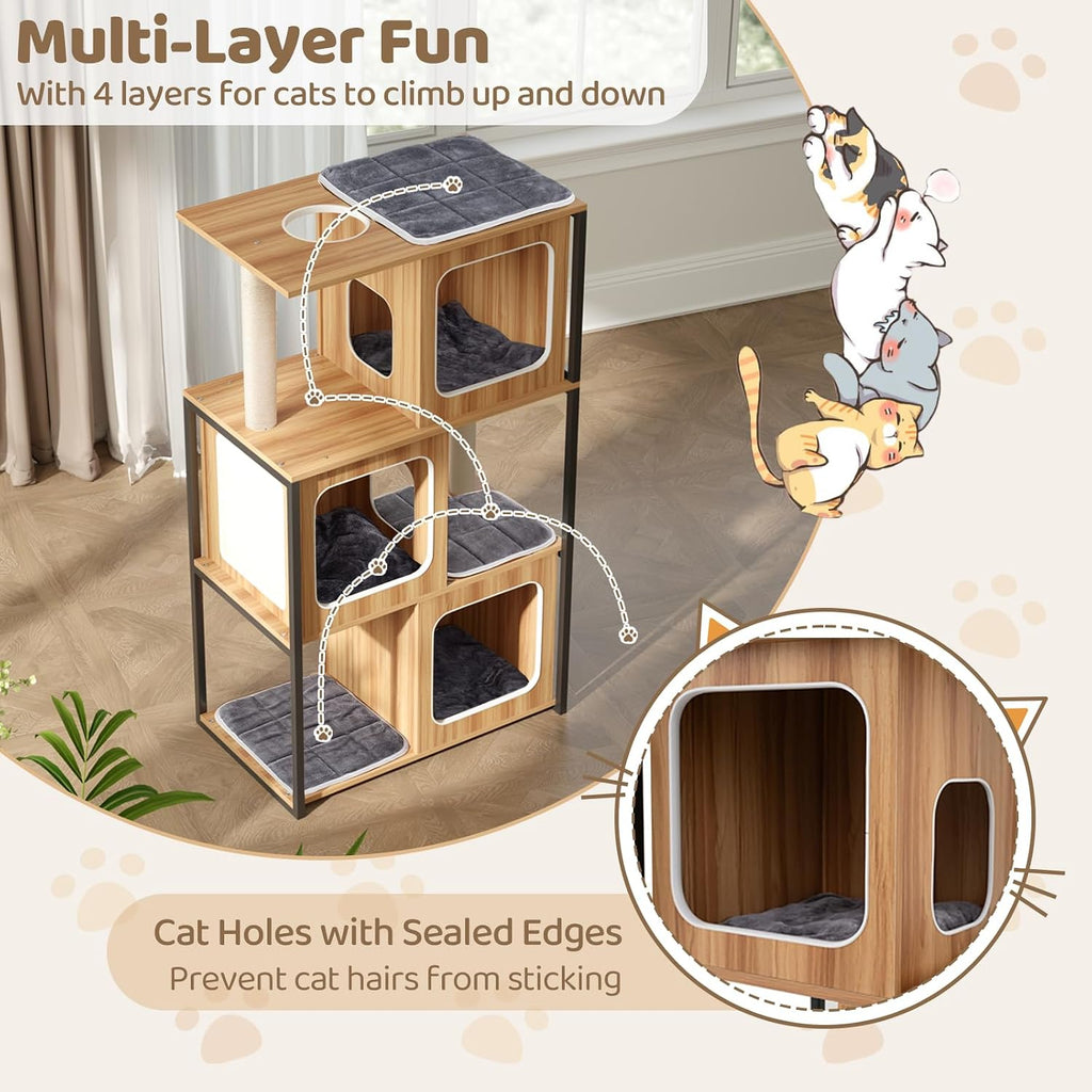 Modern Cat Tree, 52 Inch Wooden Cat Condos with Metal Frame, Sisal Scratching Posts & Board, Washable Cushions