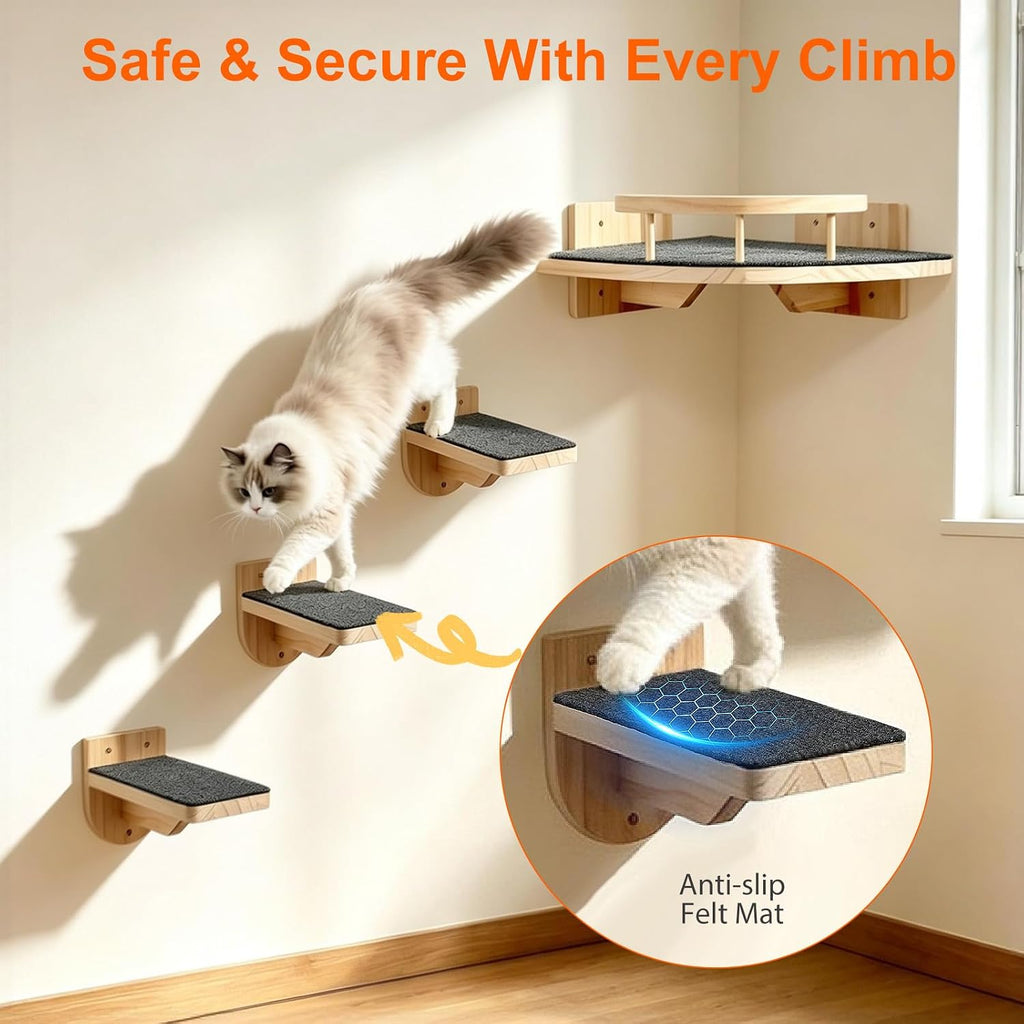 Cat Wall Shelves with 3 Perch Steps, Cat Wall Climber Furniture Up to 26lbs