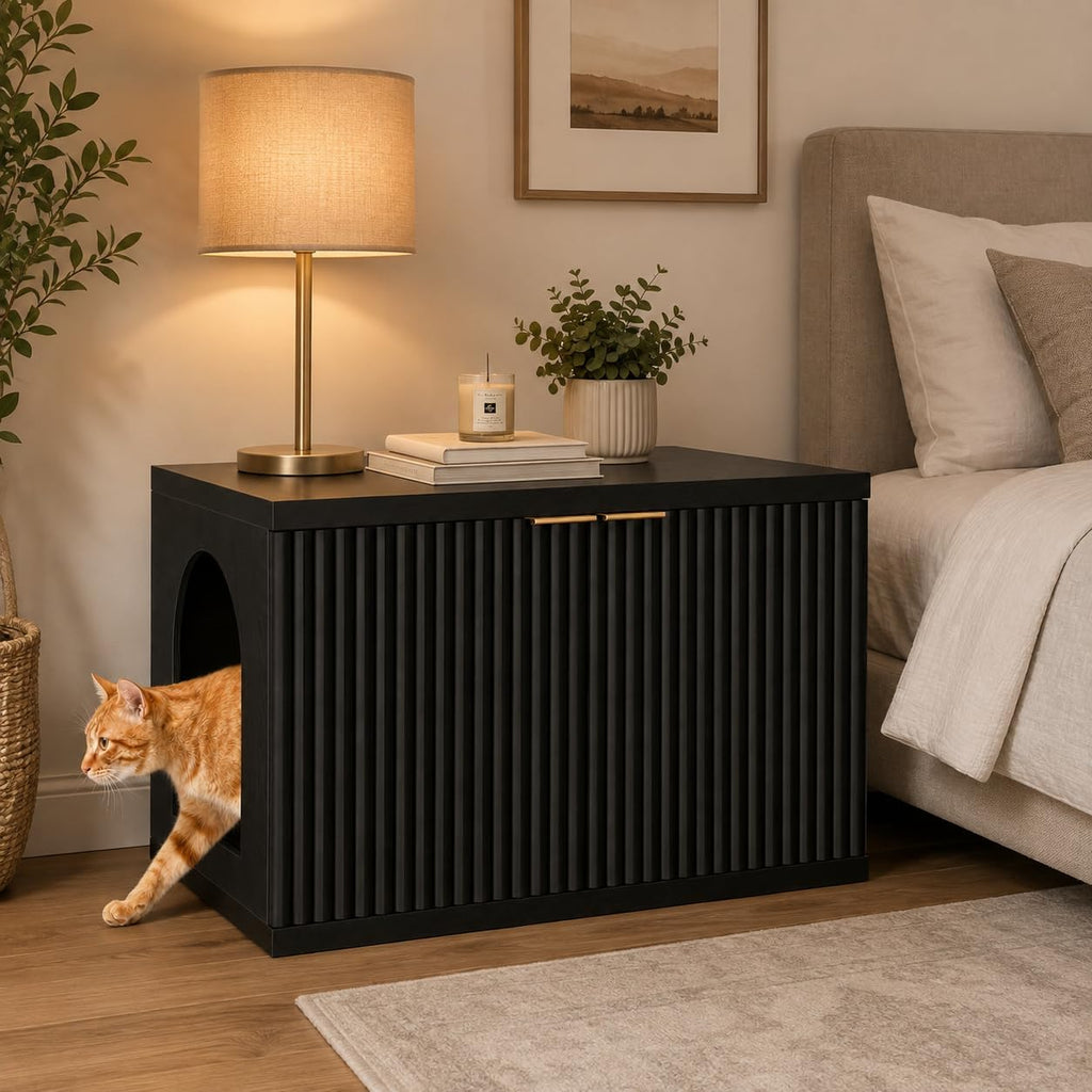 Cat Litter Box Enclosure, Modern Fluted Accent, Black