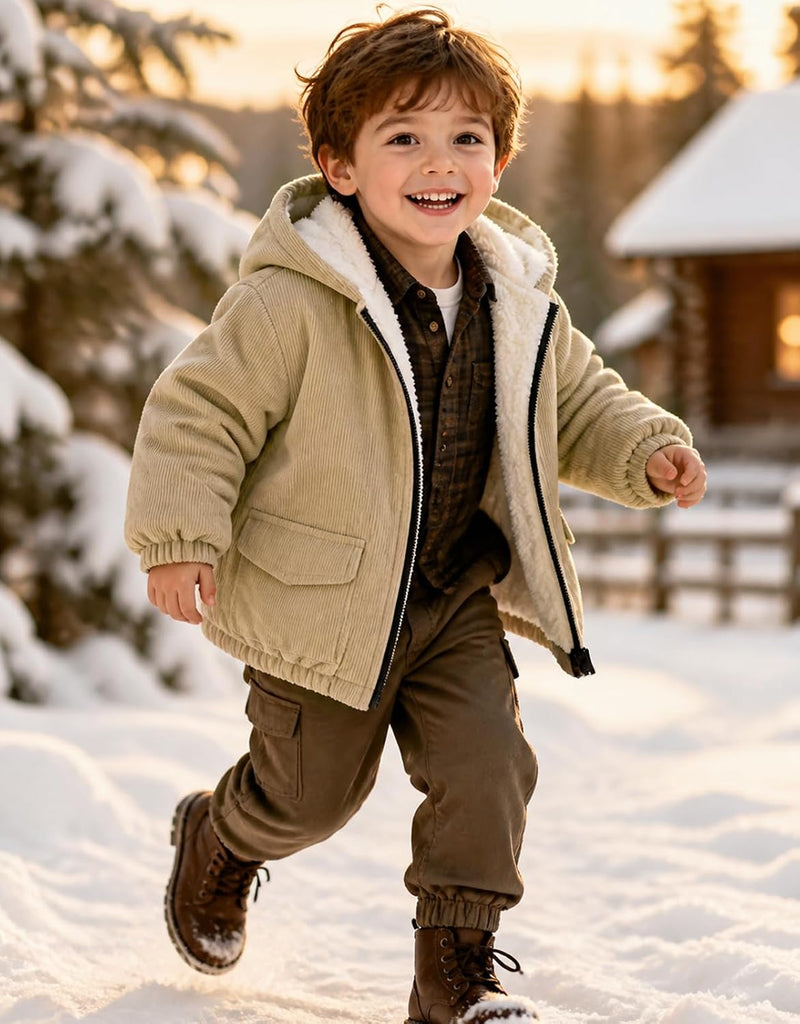 Boy Corduroy Jacket Hooded Zip-up Coat Winter Outwear
