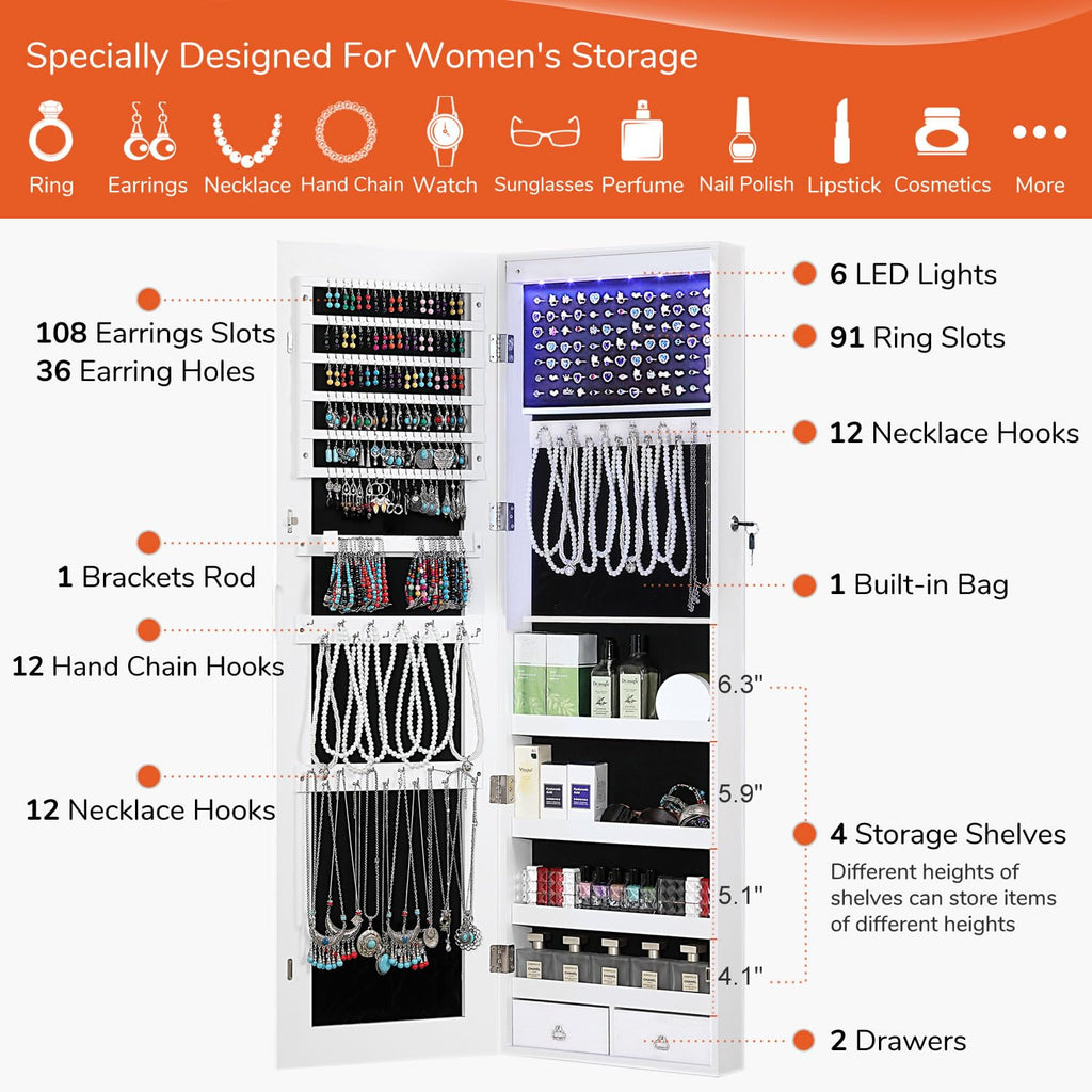 Full Length Mirror Jewelry Cabinet, 6 LEDs Jewelry Armoire Wall Mounted Over The Door Hanging, Jewelry Organizer