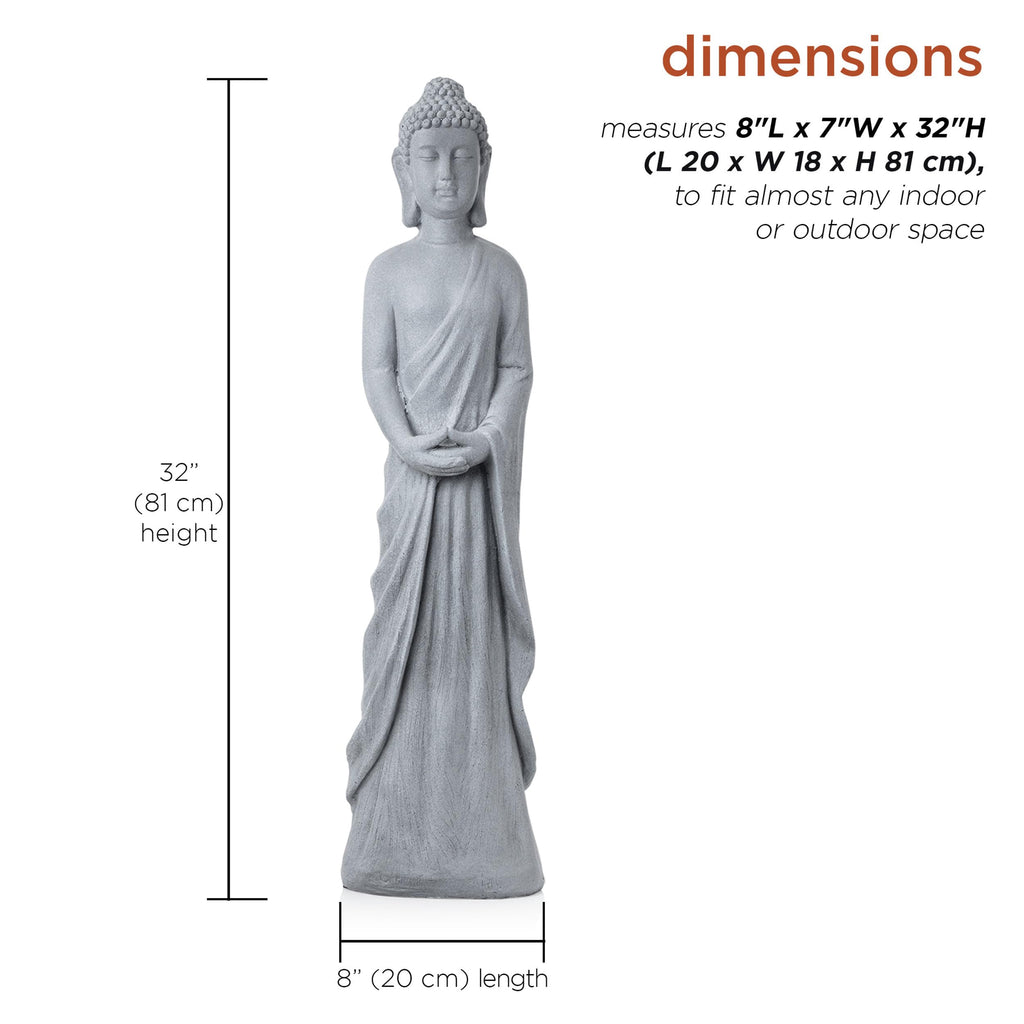 32" Tall Cement Standing Buddha Outdoor Garden Statue, Gray