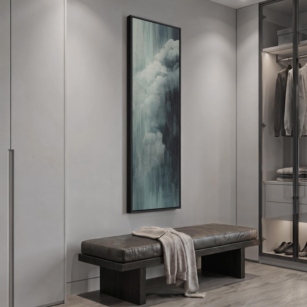 Framed Long Narrow Blue Cloud Abstract Modern Vertical Wall Art, 14x56 Inch