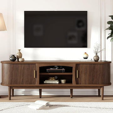 Mid Century TV Stand for TVs up to 70 Inches Entertainment Center with Storage, Power Outlet, Fluted Sliding Doors &