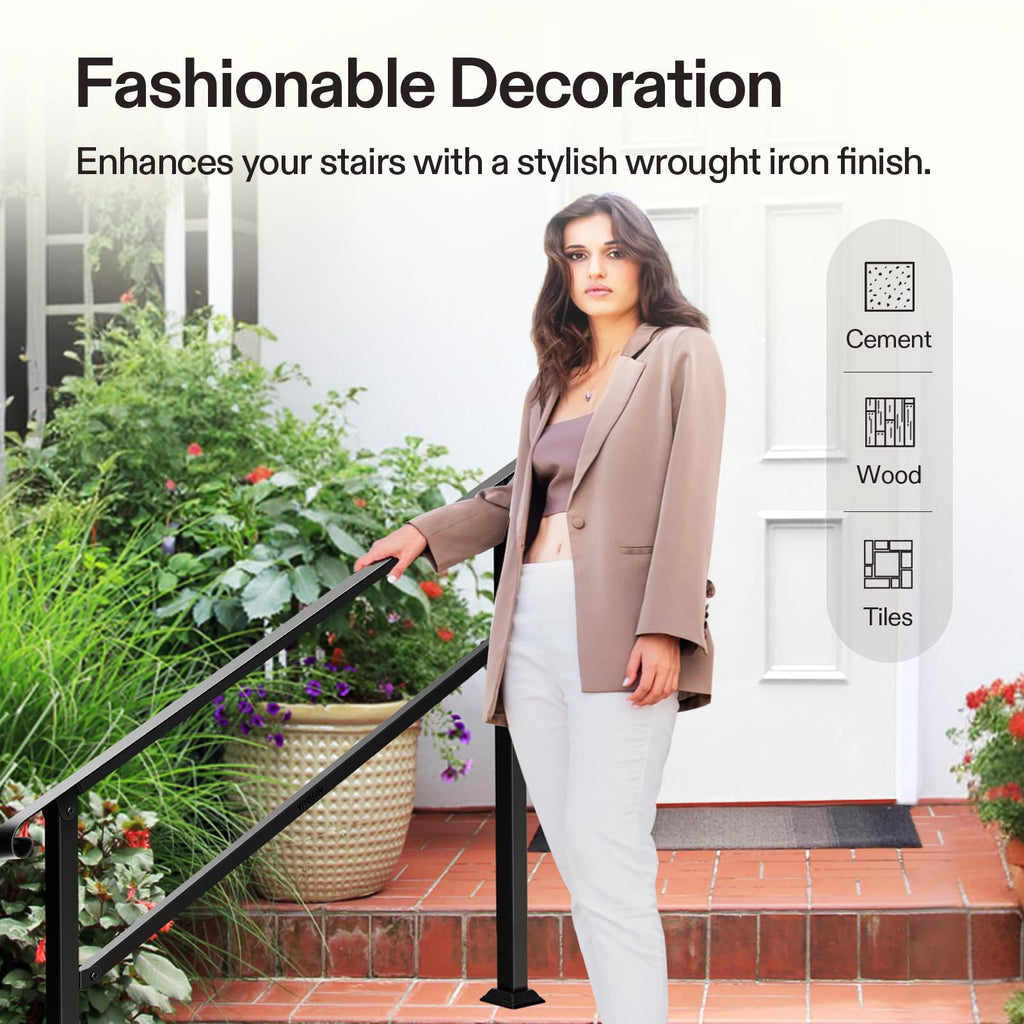 4-Step Stair Handrail 54"x36" Wrought Iron with Curved Ends Black