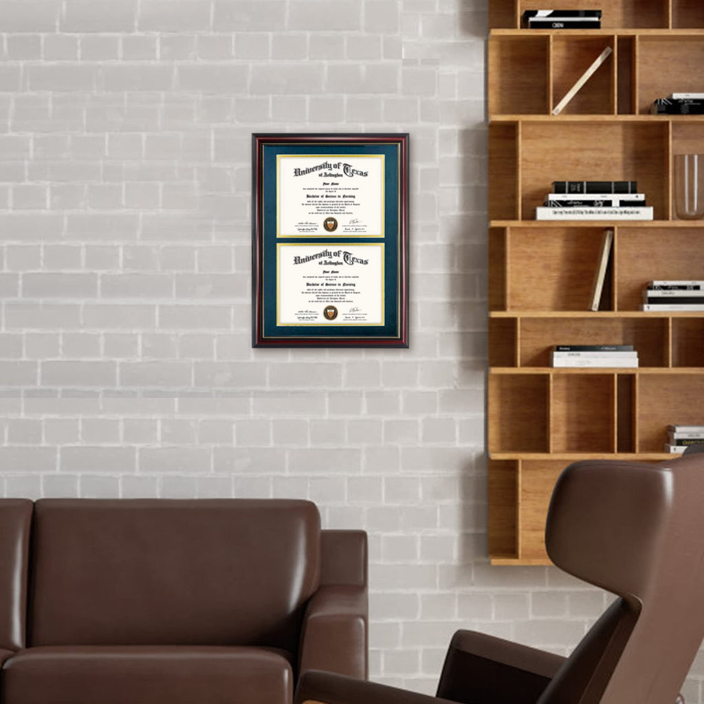 Double 8.5x11 Diploma Frame, Solid Wood & Tempered Glass, Cherry Finish with Gold Trim, Navy Blue & Gold Mat