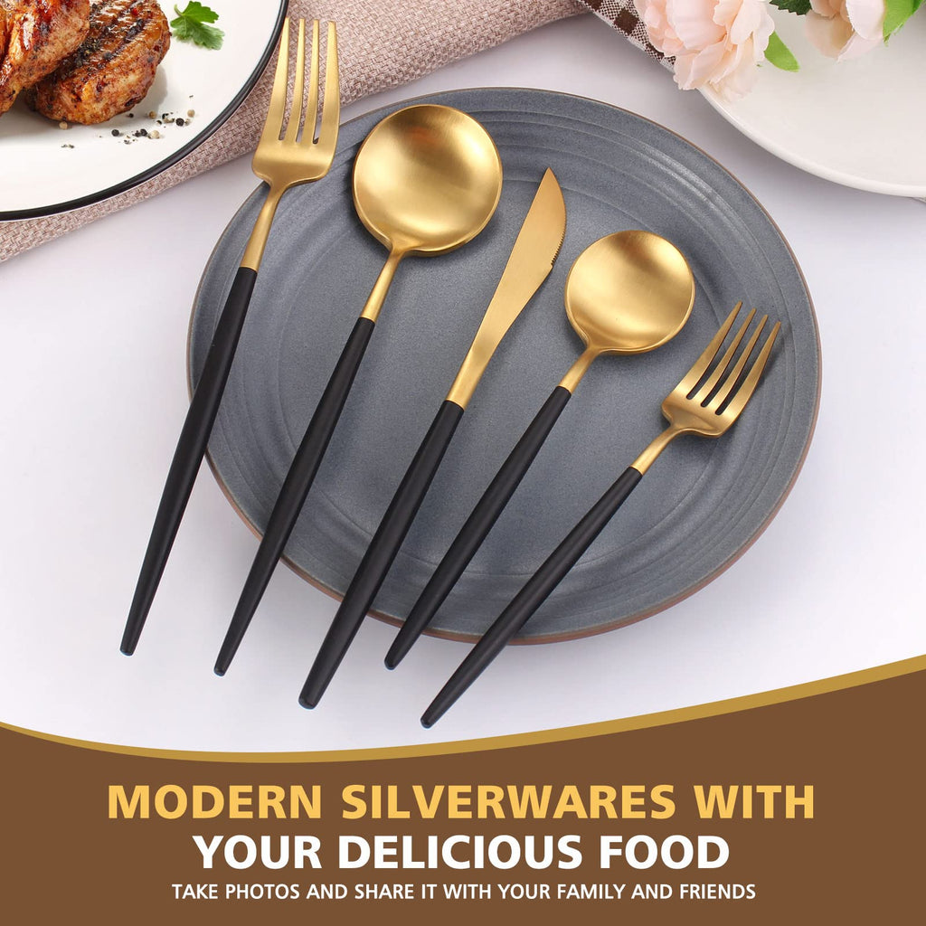 20pc Matte Black Gold Silverware Set for 4,Satin Finish Utensil Set