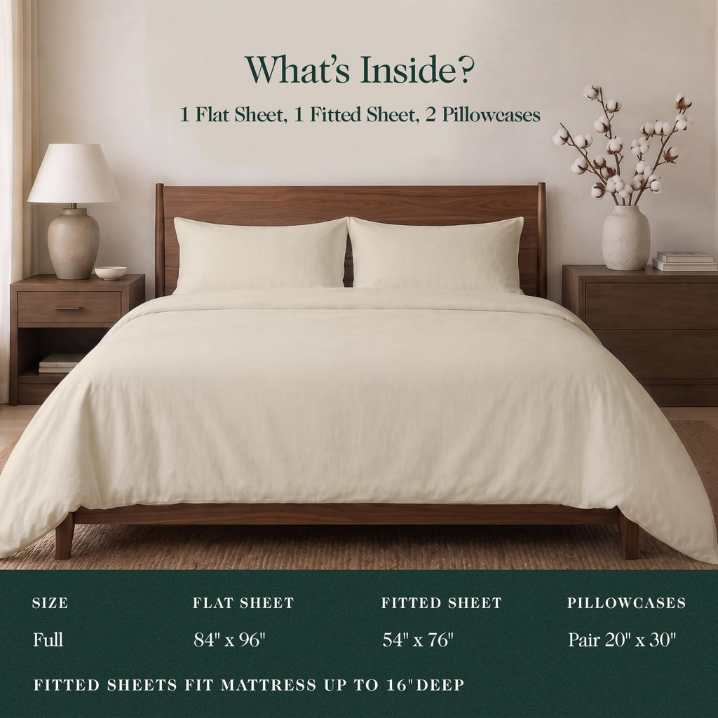 100% Certified Giza Egyptian Cotton Percale Sheets, Full, 4Pcs, White