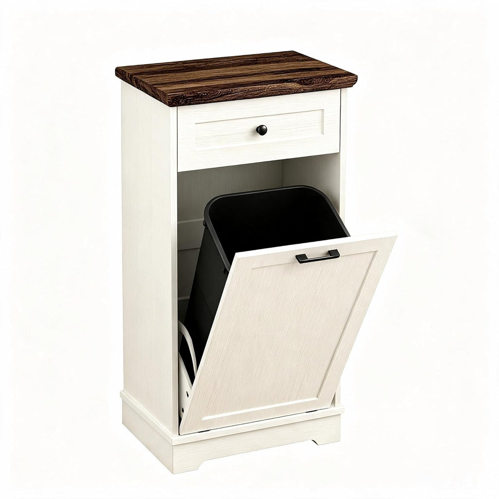 13 Gallon Tilt Out Trash Cabinet Freestanding Wood Garbage Recycling Station with Storage Drawer, Pet Proof Trash Can