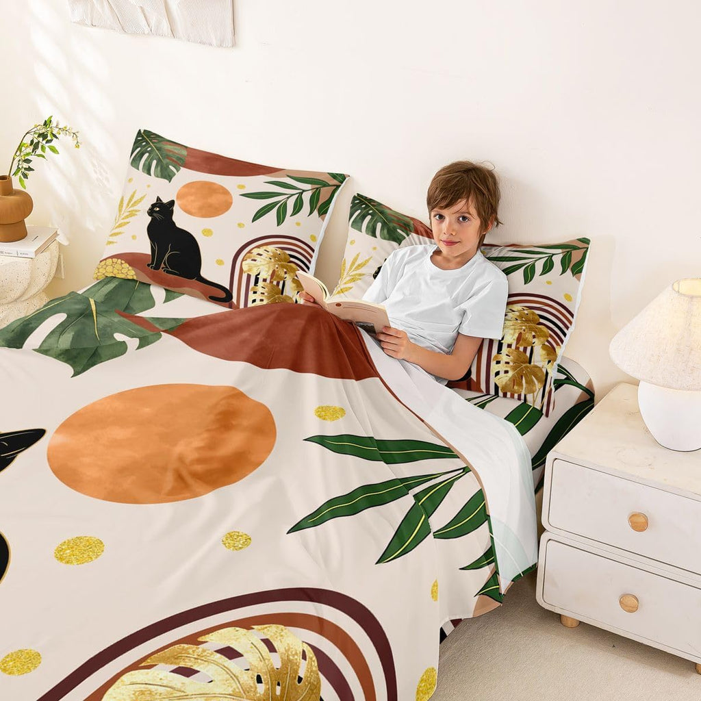 Mid Century Black Cat Bed Sheets Set Red Boho Minimalist Queen Sheet Set for Preteen Boys Girls, Botanical Palm Leaf