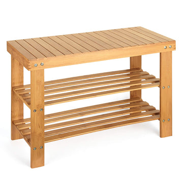 Pure Natural Bamboo Shoe Rack Bench, 3-Tier Shoe Organizer Shelf with Seat, Storage Stool, Shoe Storage Organizer