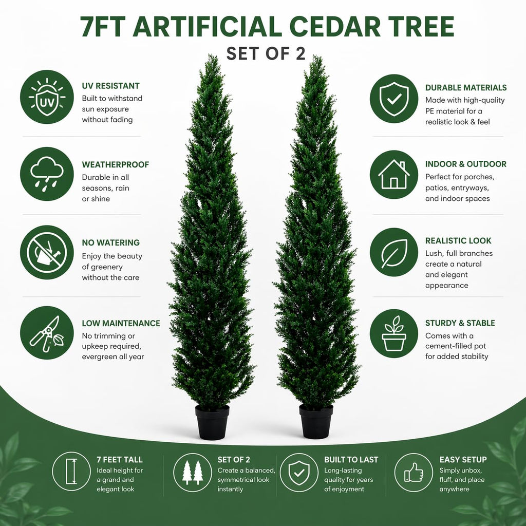 7 Feet Outdoor Artificial Topiary Cedar Tree, Set of 2 UV Resistant Potted Faux Cedar Trees for Outdoors and Indoors