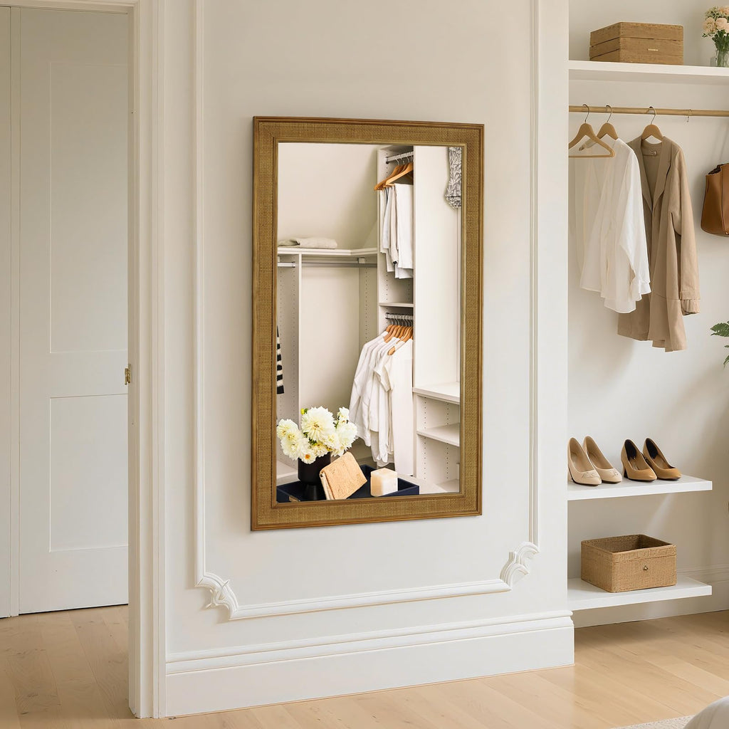 Rattan Wall Mirror Rectangle, 30 X 48 inch Rattan Mirror with Wooden Framed for Wall Decor Bathroom, Living Room