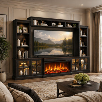 Black Farmhouse TV Stand with Fireplace, Entertainment Center, 98" Wall Unit Media Console with Bookshelf, Cabinet &