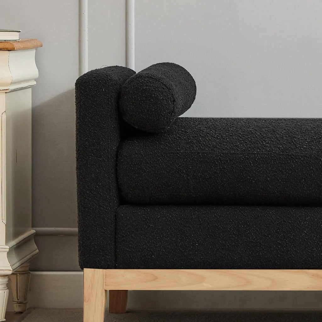 Oversize Boucle Bench Ottoman with 2 Bolster Pillows & Wood Legs, Upholstered End of Bed Daybed Seating, Foot Rest
