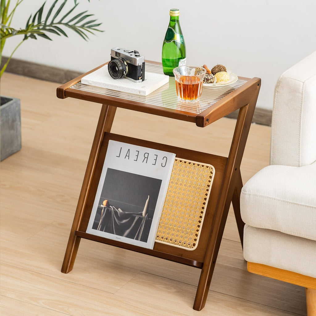 Rattan Side Table, Boho Nightstand with Glass Top & Magazine Rack, with Storage, Bamboo Bedside Table for Small Space