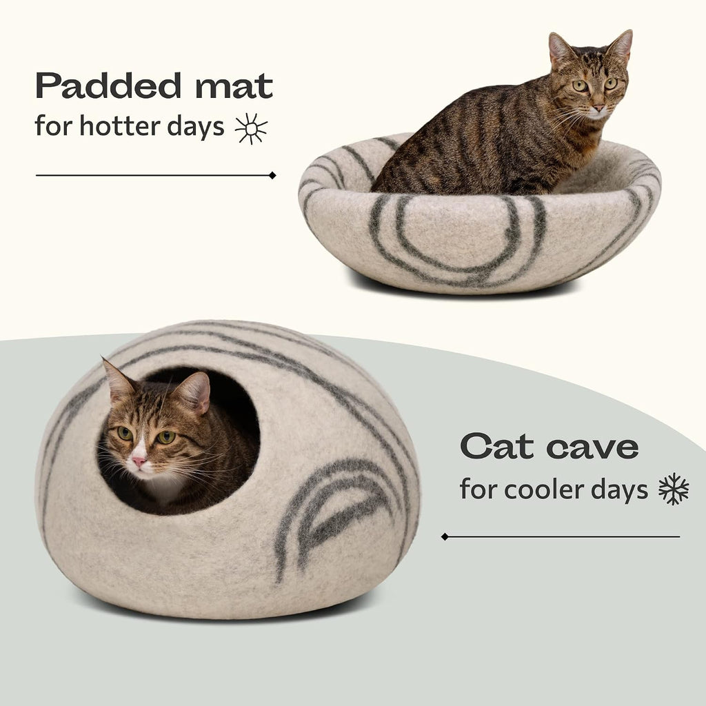 Premium Felt Cat Bed Cave (Light Grey/Medium) and Wool Ball Toys (6-Pack) Bundle