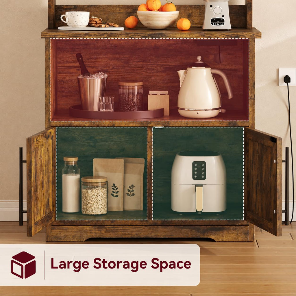 Bakers Rack With Storage Cabinet, Microwave Stand With Power Outlets, Farmhouse Bakers Rack With Thick Table Top