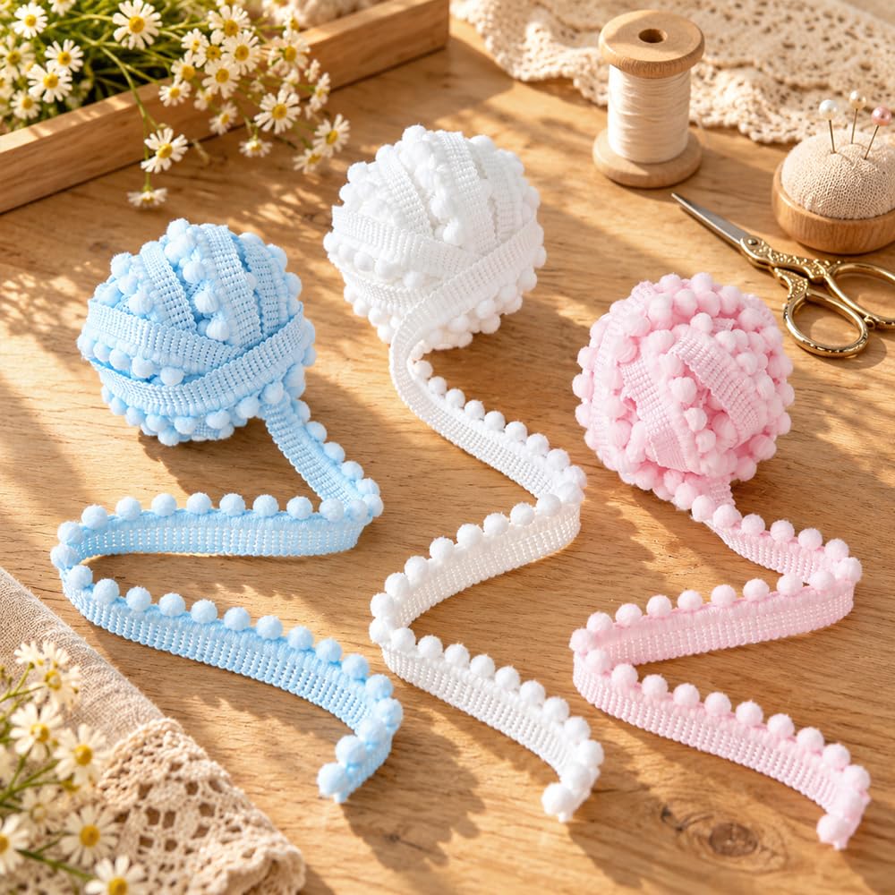 Pom Pom Trim Ribbon, 10 Yards White Pom Ball Fringe Trim for Sewing DIY