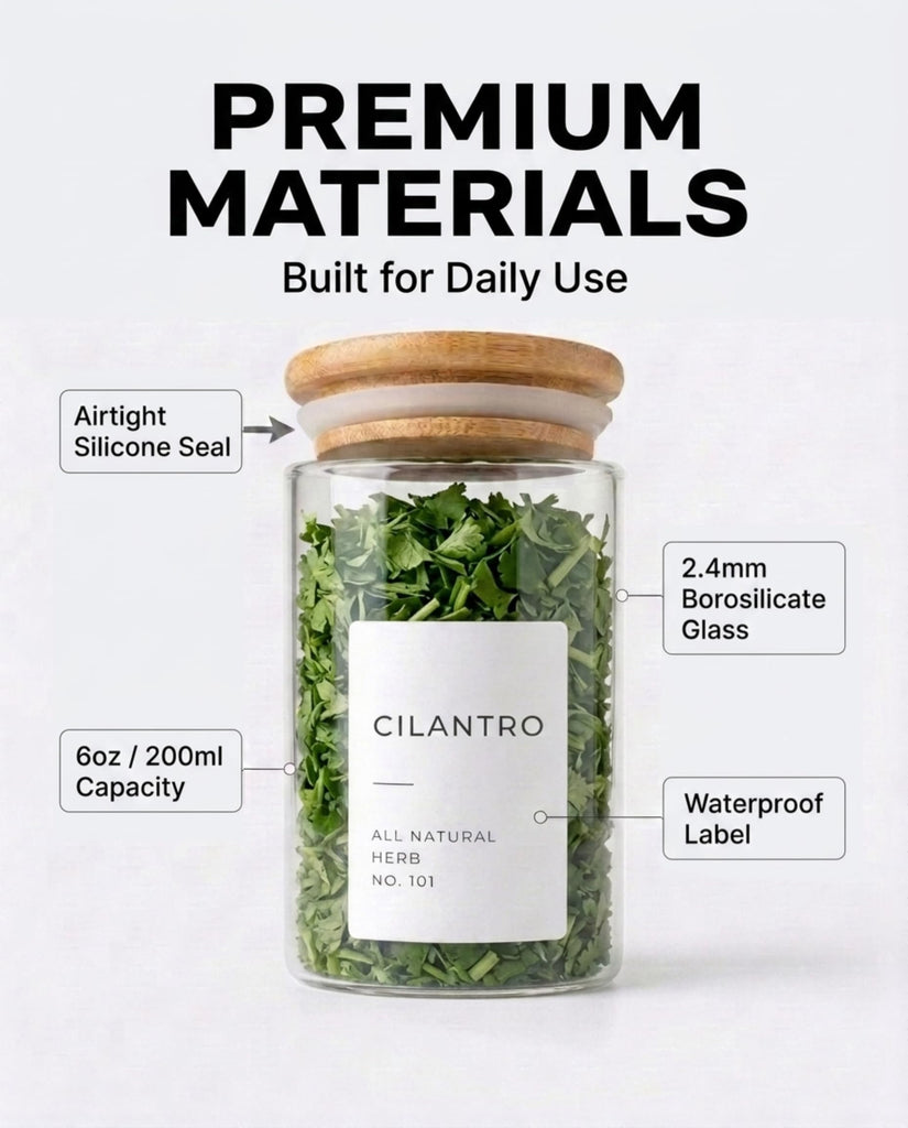 Glass Spice Jars with Label Pack (12x Bamboo Lid Glass Jar) Small 6oz Empty Spice Storage Bottles with 112 Printed