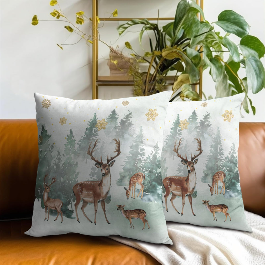 Winter Woodland Reindeer Pillow Covers 16 x 16 Inch Set of 2 Xmas Tree Deer Snowflake Holiday Cushion Case Outdoor